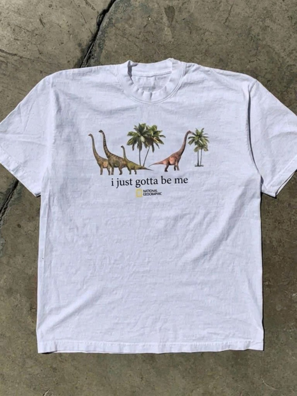 Gildan White Graphic Tee with Dinosaur and Palm Tree Print
